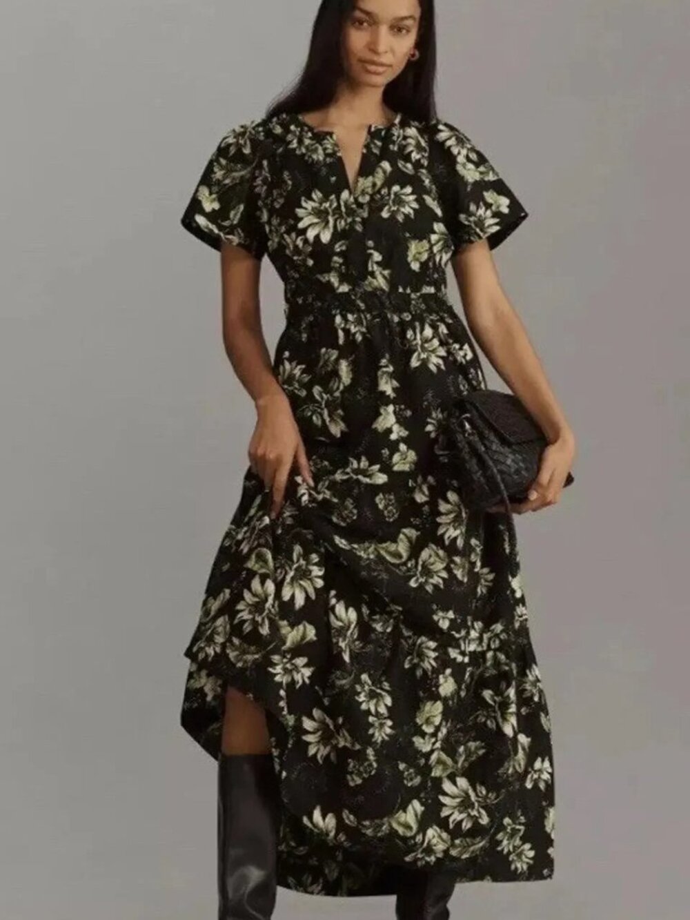 Anthropologie Somerset Maxi Dress Size M Black and Green Floral